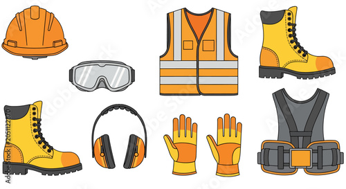 A set of construction safety gear including a hard hat goggles vest boots earmuffs gloves and a tool belt harness