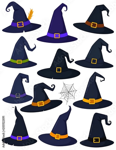 A collection of 10 cartoon witch hats with colorful bands and buckles