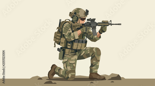 Canvastavla Soldier in combat gear aiming rifle.
