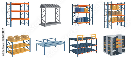 Eight isolated warehouse storage rack designs and shelving systems including pallet racks steel platforms and industrial shelving units