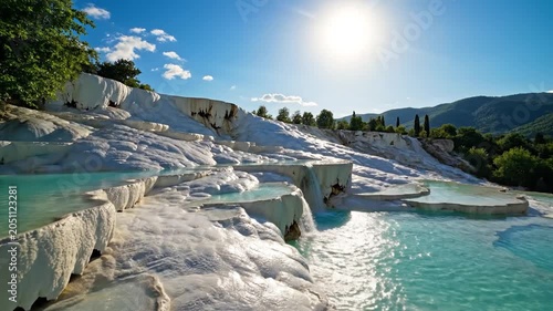 White travertine terraces and turquoise thermal pools at Pamukkale Turkey under a bright sun and blue sky