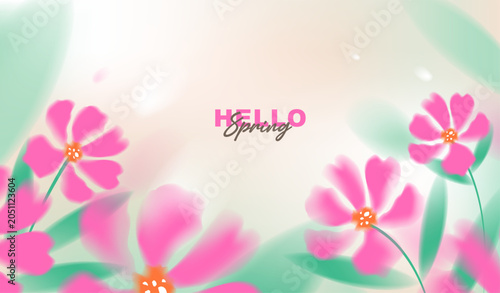 Hello spring vector background with beautiful pink cosmos flowers and green grass. Soft pastel watercolor floral template for greeting card, wedding, seasonal sale banner and wallpaper.