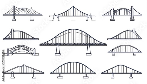 A collection of 10 different bridge designs illustrated in black lines on a white background