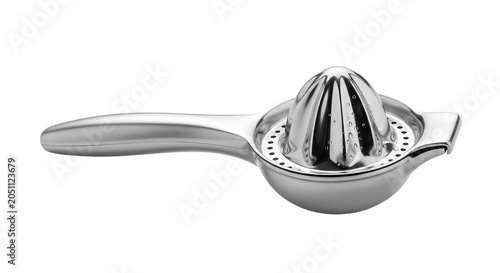 Photos Close-up of a stainless steel citrus juicer on a white background with bright li