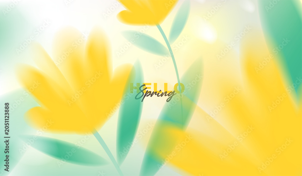 Fototapeta premium Hello spring vector background with abstract blurred yellow flowers and green leaves. Soft pastel watercolor floral template for greeting card, easter, seasonal sale banner, posters and wallpaper.