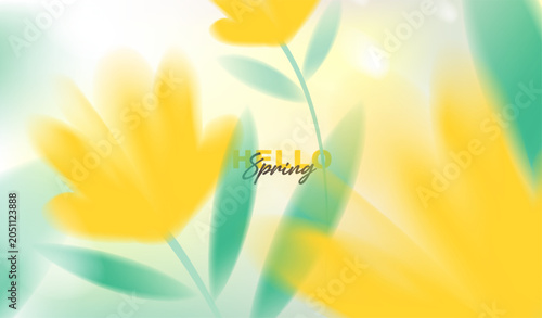 Hello spring vector background with abstract blurred yellow flowers and green leaves. Soft pastel watercolor floral template for greeting card, easter, seasonal sale banner, posters and wallpaper.