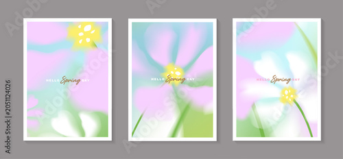 Set of spring floral poster templates with abstract blurred soft focus flowers background, pastel gradient cosmos flower illustration for greeting card, wedding invitation, vertical banner design.