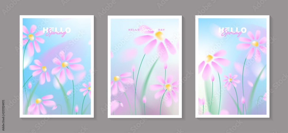 Fototapeta premium Set of spring floral poster templates with abstract blurred pink cosmos flowers background, soft focus blooming daisies illustration for vertical banner, social media story, greeting card design