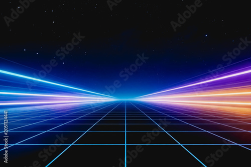 A retro-futuristic sci-fi background featuring a glowing neon grid stretching to a starry horizon with vibrant colored light beams.