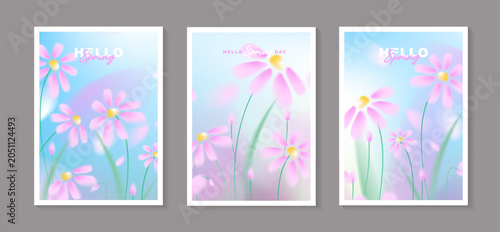 Set of spring floral poster templates with abstract blurred pink cosmos flowers background, soft focus blooming daisies illustration for vertical banner, social media story, greeting card design