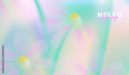 Hello spring greeting card vector background with dreamy pastel pink and purple daisy flowers, soft abstract gradient bokeh for romantic seasonal banner, easter flyer, poster and wallpaper design.