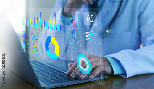 Doctor in medical science technology concept, A physician uses medical AI technology to review patient data through digital documents within a hospital information system.