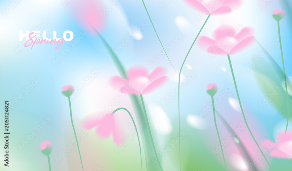 Obraz premium Hello spring greeting card vector background with copy space, abstract soft blue sky and pink flower blossom blooming in fresh grass field with blurry bokeh light for seasonal nature banner design.