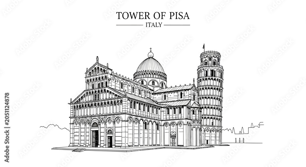 Naklejka premium Tower of Pisa Italy Architectural Drawing.