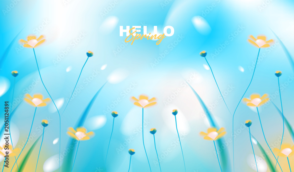 Obraz premium Hello spring greeting card vector background with abstract soft blue sky, beautiful yellow wildflower blossoms blooming in fresh grass field and blurry bokeh light for seasonal nature banner design.