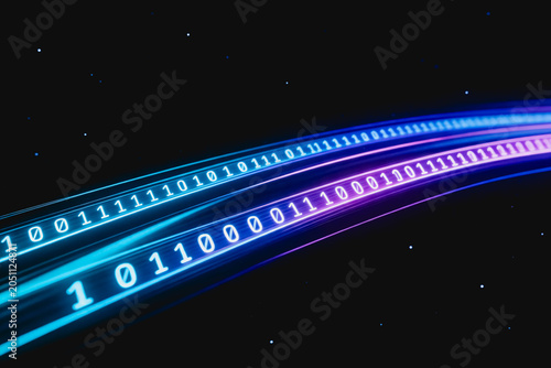 Neon glowing binary data streams curve through dark starry space, representing digital information and network technology.