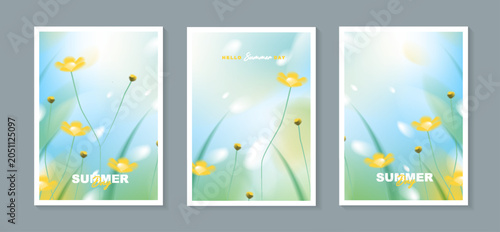 Abstract fluid summer meadow yellow flower gradient background set, vertical poster cover design template with green grass sunny blue sky liquid wave, modern bright bokeh light mesh brochure.
