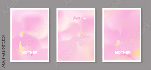 Set of Mother's Day greeting card templates with abstract pink orchid flower background, soft fluid liquid gradient, and elegant bokeh. Vector illustration for romantic spring or wedding posters.