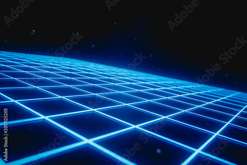 A glowing blue neon grid extends across a dark starry cosmic space, creating a futuristic digital visual effect.
