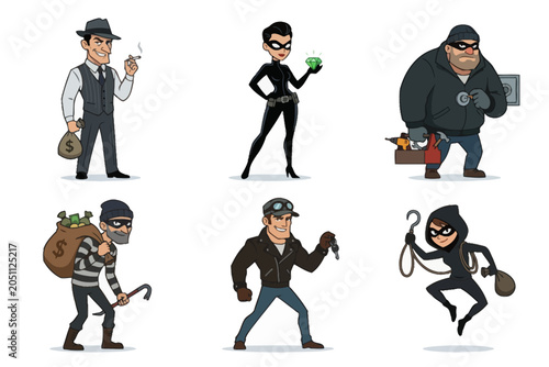 Schilderij op canvas Thief and burglar cartoon characters set on white background