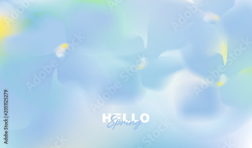 Hello Spring banner template with abstract light blue flower background, soft fluid liquid gradient, and pastel colors. Vector illustration for seasonal marketing, web header, or wallpaper.