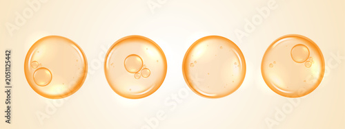 Set of golden collagen serum capsules and cream molecules isolated on light background. Vector realistic orange oil drops, vitamin C macro cell structures for cosmetic ingredient product design.