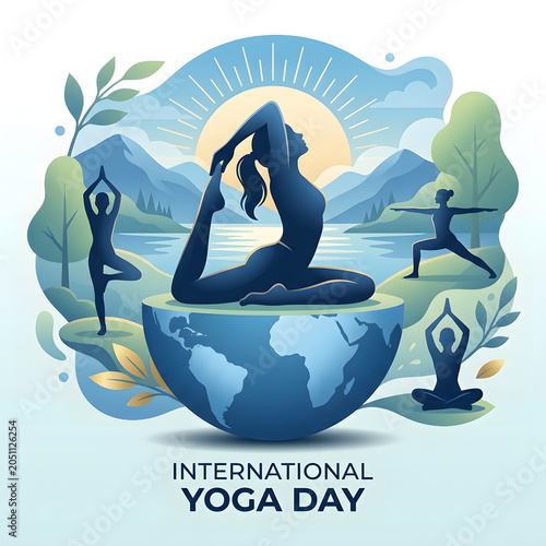 International yoga day concept, logo banner poster and nature background in illustration.