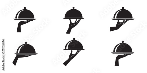 Quadro su tela Set of black hand holding silver platter icons isolated on transparent background for food service