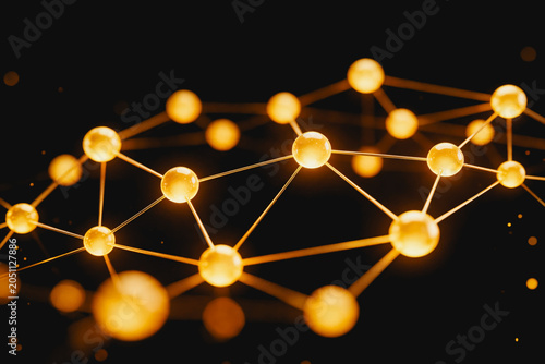 A glowing 3D network of connected molecular nodes, representing digital or scientific connection systems against a dark background.