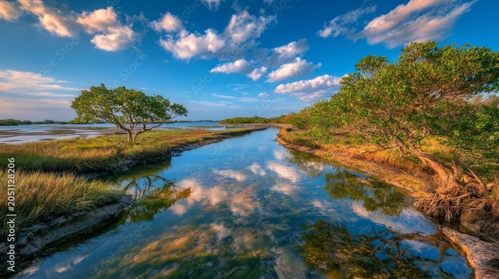 Naklejka premium Aerial View of a Winding Marsh River Through Lush Landscape with Blue Sky and Reflections in Calm Waters