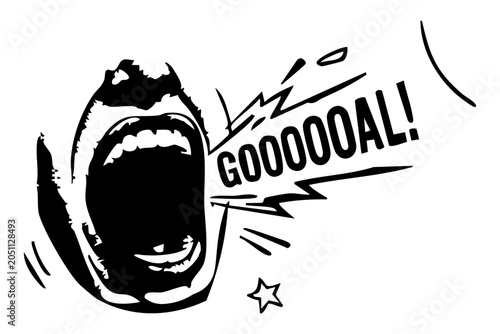 Картината върху платно Screaming mouth shouting goal text pop art style football fan doodle