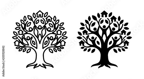 Tableau sur toile Family Tree Vector Icons, Community Growth Symbol, Home & People Silhouette Art