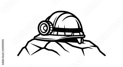 Safety helmet on mountain peak line drawing symbolizing construction and outdoor work