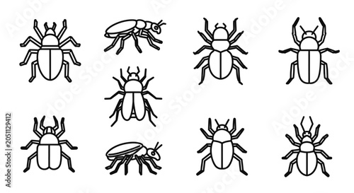 Set of black line art scarab beetle icons arranged in a grid pattern