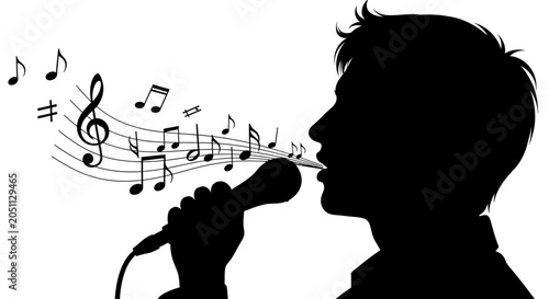 Silhouette of a person singing with musical notes floating from the microphone