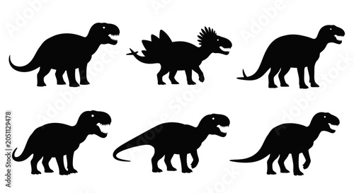 Silhouette set of six different dinosaur species on white background