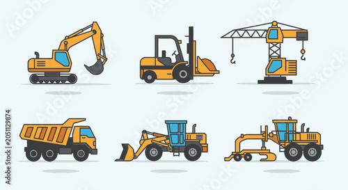 Six isometric construction vehicles and heavy machinery for industrial work