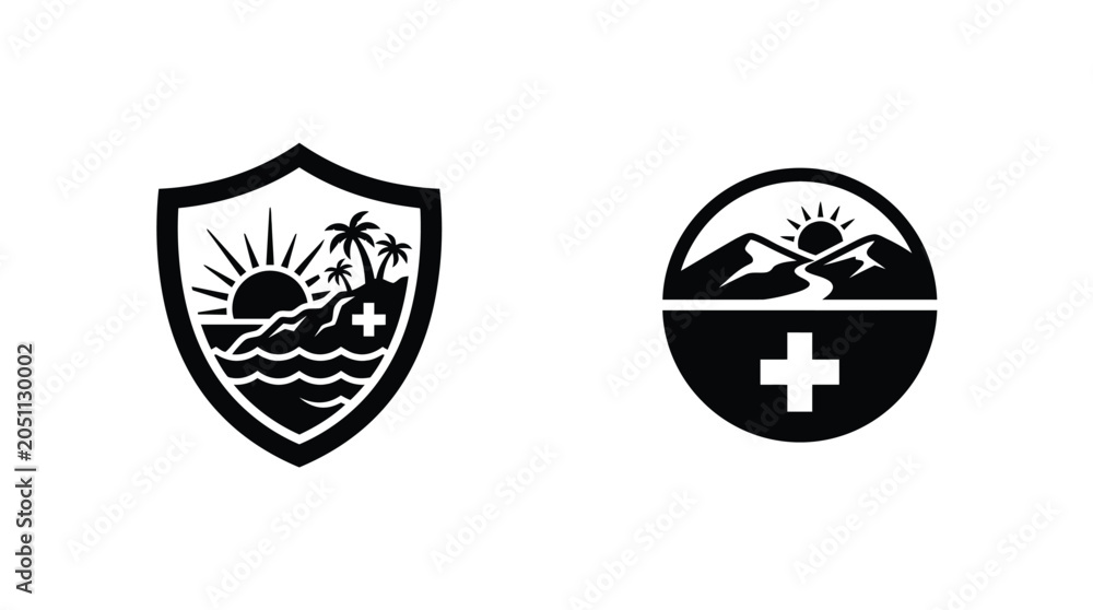Obraz premium Two minimalist black and white vector emblems featuring a shield and a circular frame with landscape scenery and a medical cross symbol for health branding