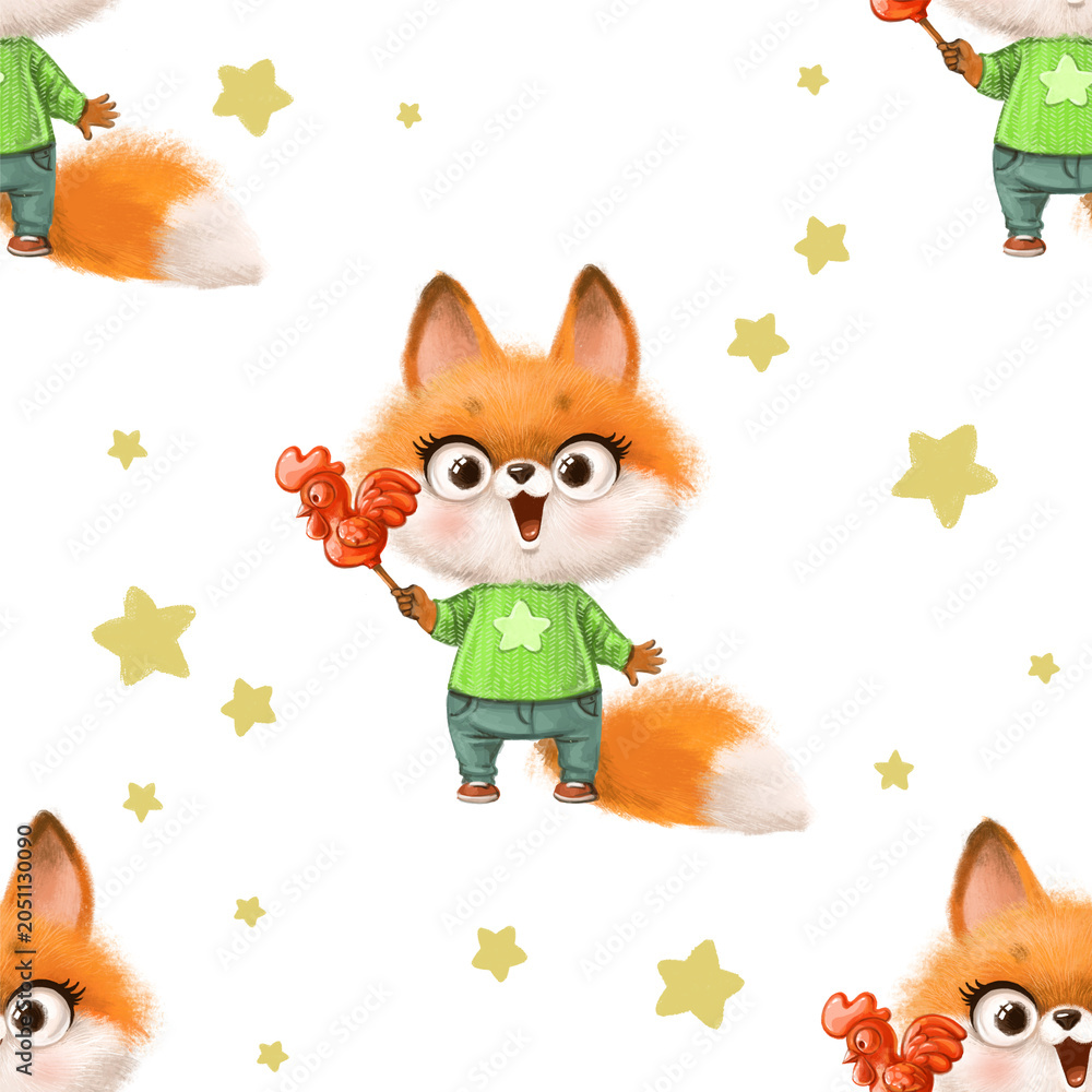 Naklejka premium Seamless pattern with cute orange fox in a green sweater holds a caramel cockerel on a stick on white background