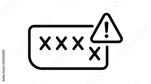 Minimalist black and white line art icon showing a rectangular password field with x characters and an exclamation mark triangle representing a critical security error