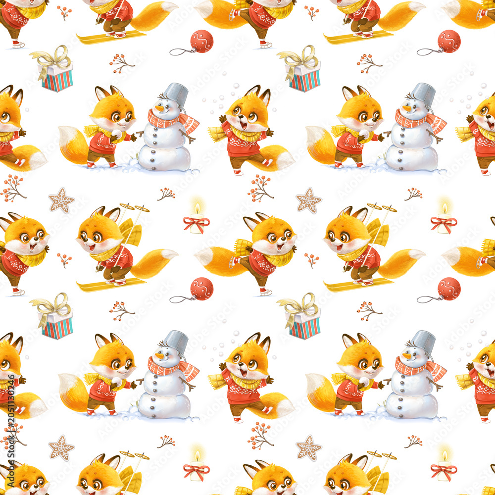Fototapeta premium Seamless pattern from cute little fox in winter clothes with New Year's accessories on white background