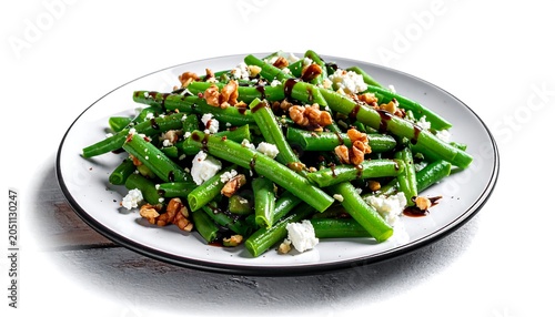A vibrant plate showcases a green bean salad adorned with crumbled white cheese, toasted nuts, and a balsamic glaze drizzle
