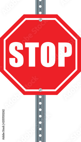 Red octagonal stop sign mounted on a metal pole against a white background, white letters