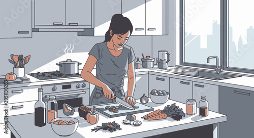 Woman preparing healthy meal in modern kitchen cooking fresh ingredients