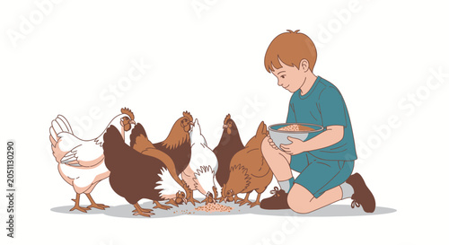Young boy kneeling to feed a group of chickens in a farmyard setting