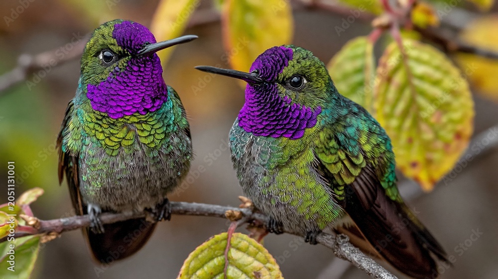 Fototapeta premium Two hummingbirds with bright purple plumage are perched on a branch, providing a vibrant and colourful backdrop for themes relating to nature and biodiversity.