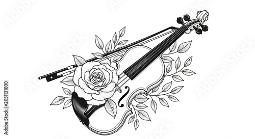 Canvas Print Elegant Violin with Rose and Leaves Black and White Illustration.