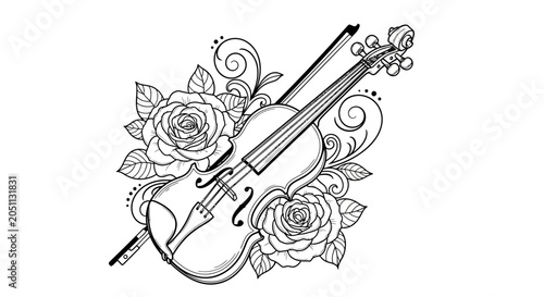 Foto Elegant Violin with Roses Line Art Drawing.