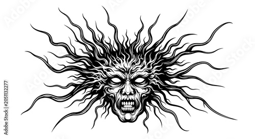 Foto Horrifying demonic face with glowing eyes and chaotic tendrils.