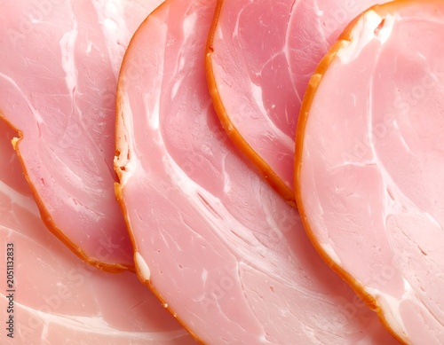 A close-up view of several slices of pink cured meat with marbled white fat and a reddish-brown crust, arranged in a fanned pattern